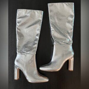 Silver Knee High Heeled Boots
